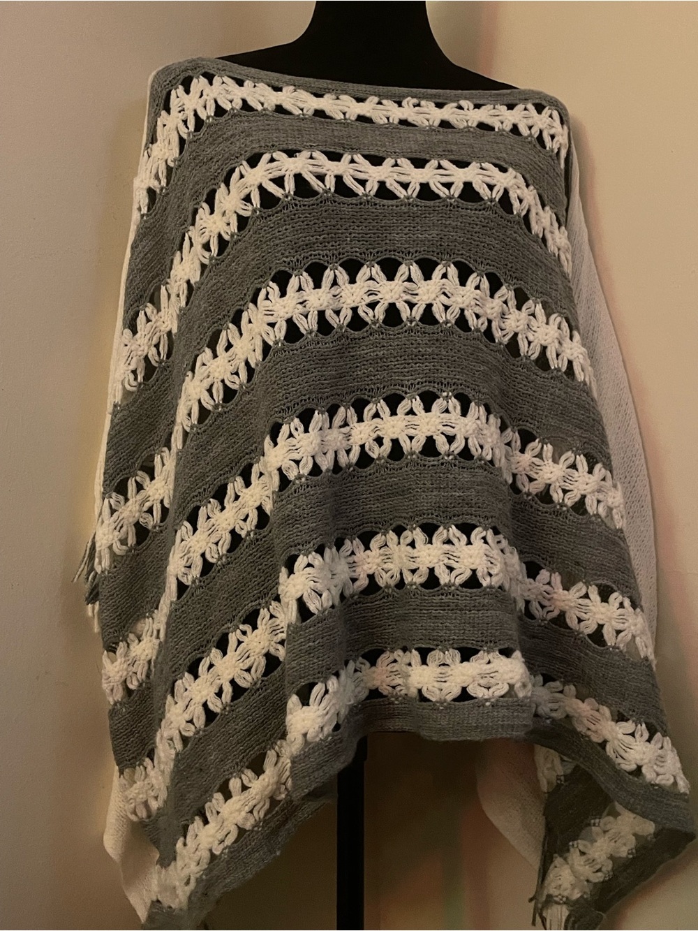 Grey and White Crochet Poncho